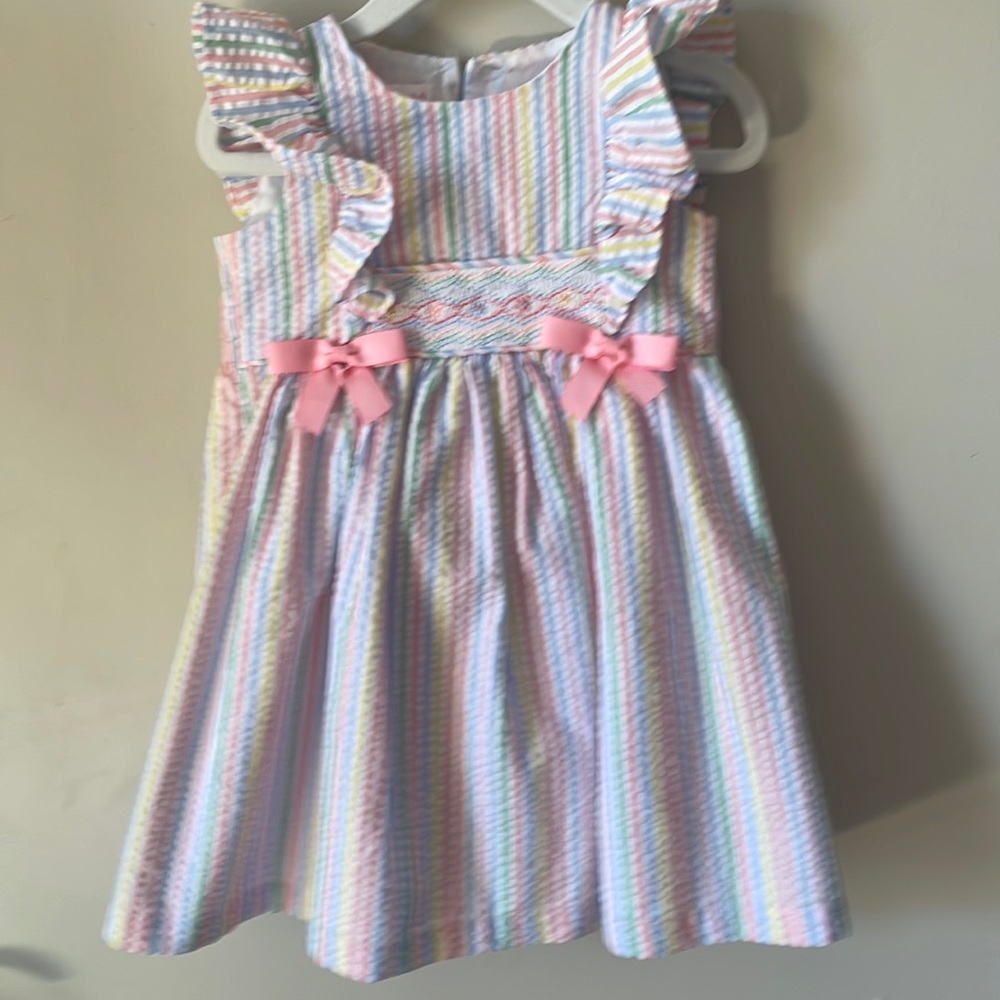 Bonnie Baby  Flutter Sleeved
Striped Seersucker Dress w Smocking Panel & Bows
